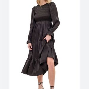 August Sky satin smocked long sleeve midi dress womens M formal whimsigoth event